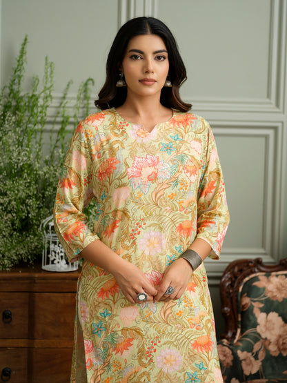 Beige Floral Rayon Kurta with Delicate Handwork