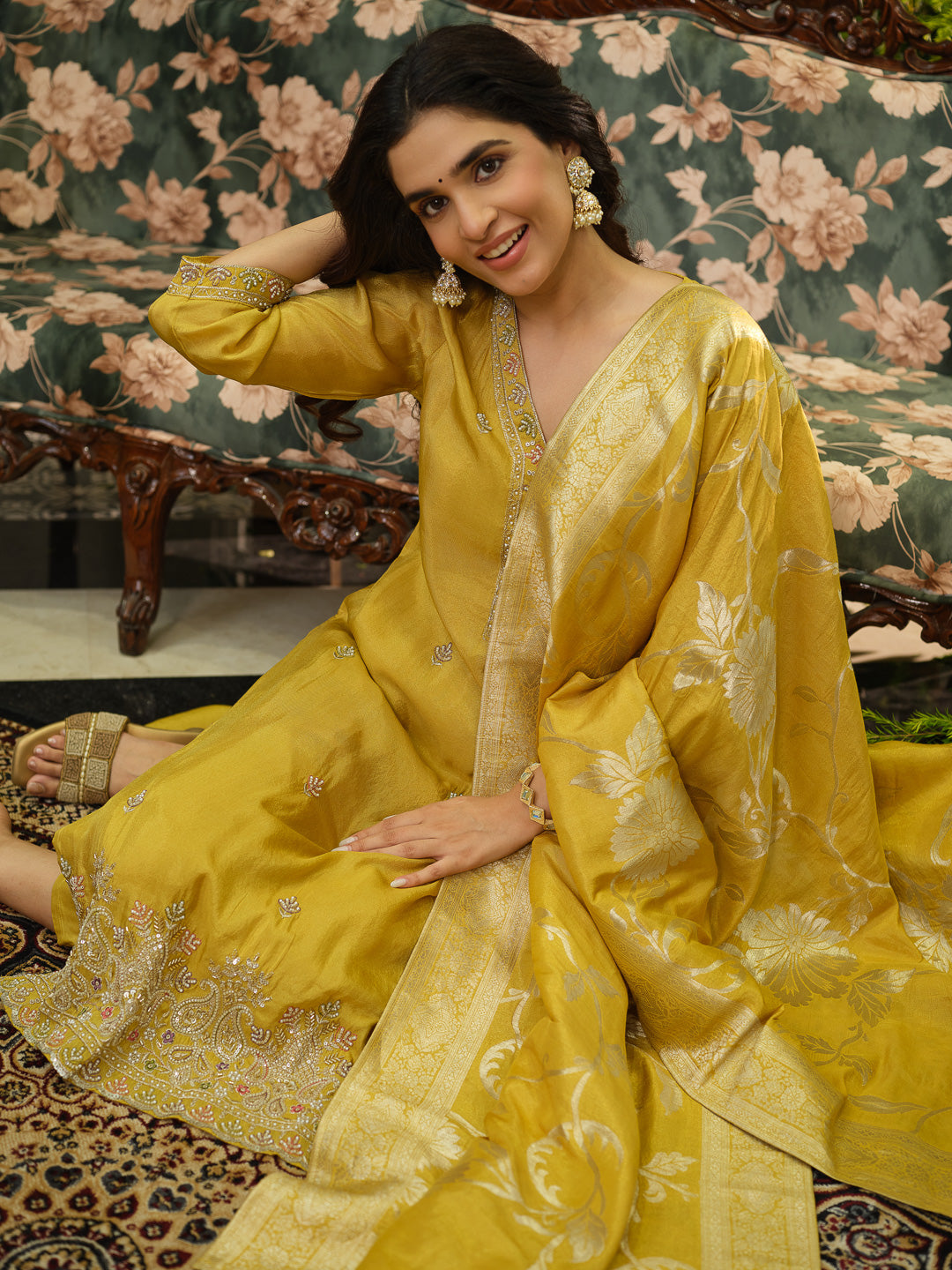 Yellow Viscose Tissue Kurta Set with Jacquard Dupatta