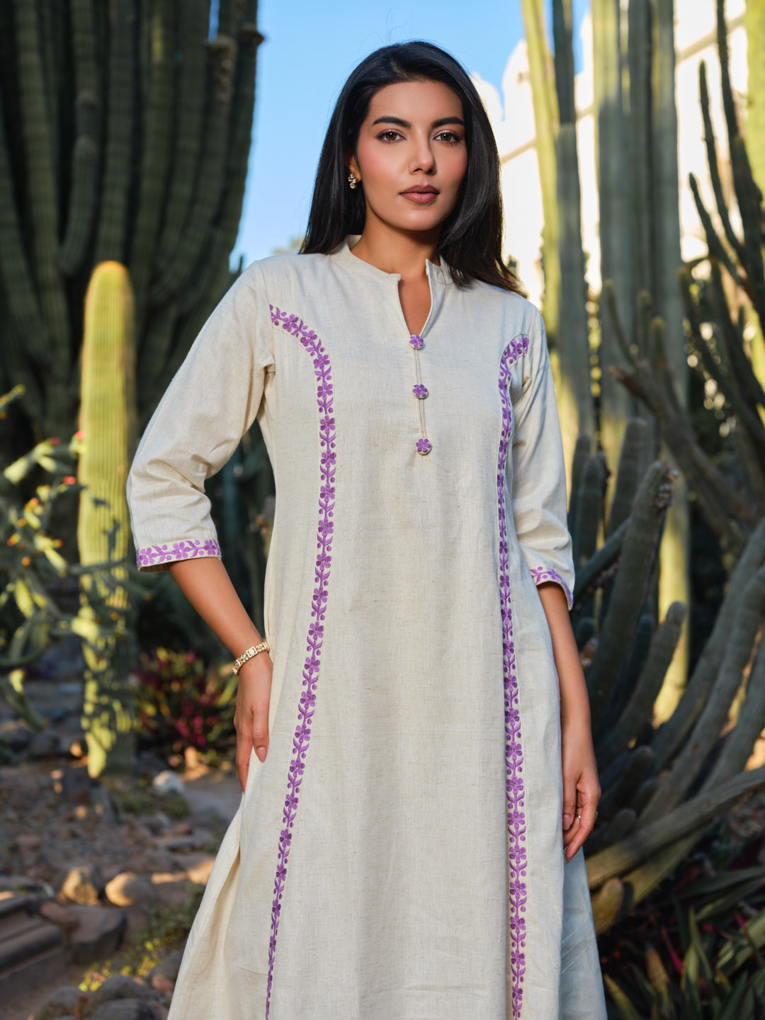 Embroidered Pure Cotton Mandarin Collar A-Line Kurta & Trousers