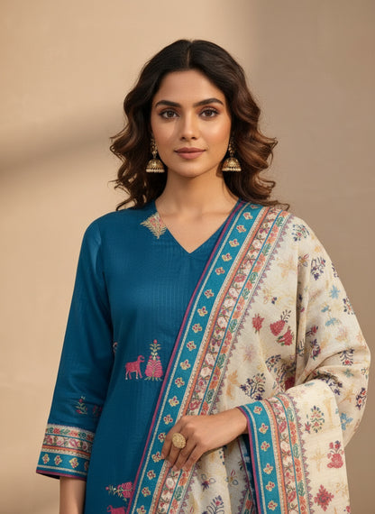 Striped V-Neck Kurta & Trousers With Dupatta