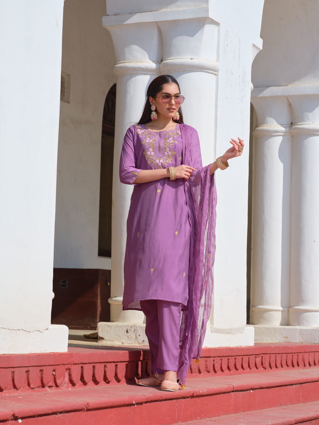 Embroidered Round Neck Straight Kurta & Trousers With Dupatta