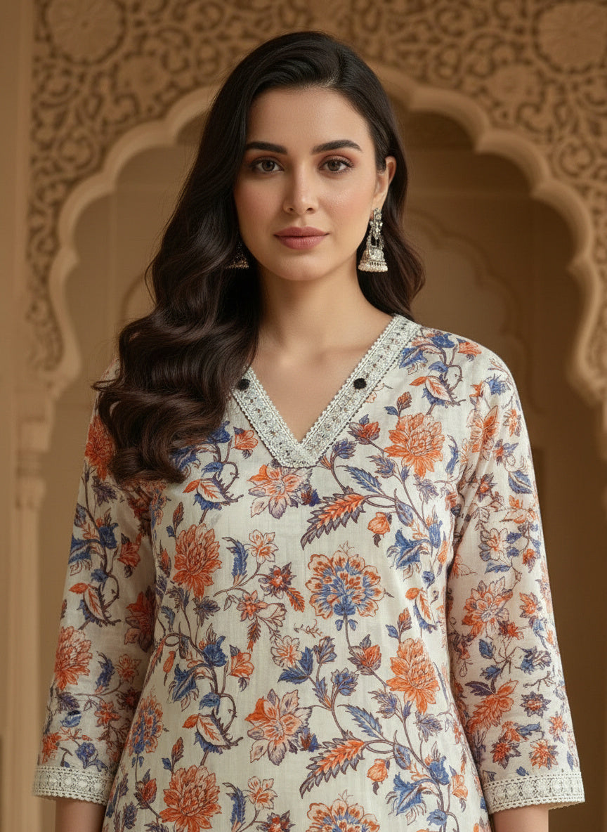 Printed Cotton V-Neck Calf Length Straight Kurta