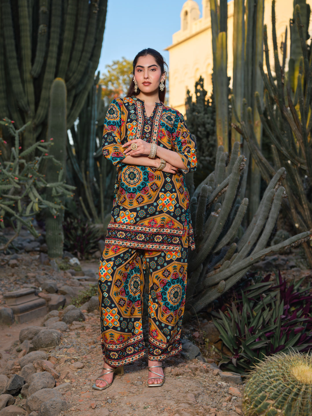 Printed Mandarin Collar Top & Palazzos Co-Ords