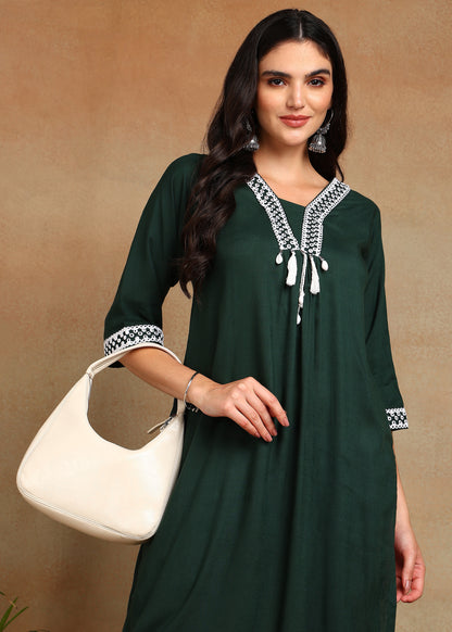 Bottle Green Rayon Slub Kurti with White Embroidered Lace Detailing