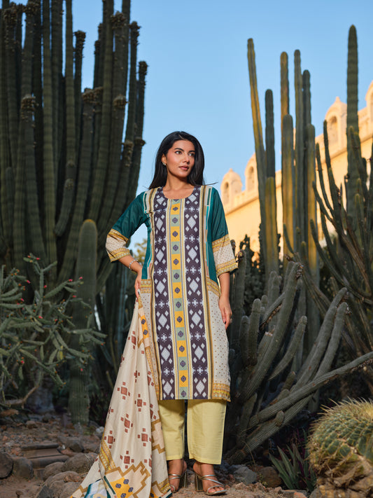 Printed Round Neck Kurta & Trousers Kurta Set