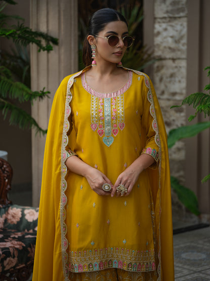 Embroidered Straight Kurta & Sharara With Dupatta