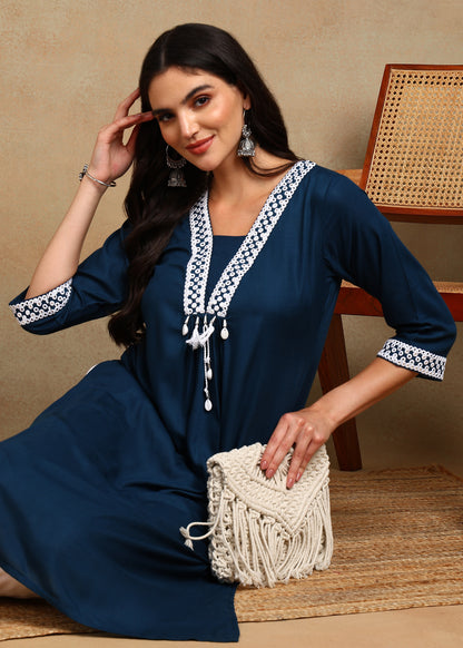 Navy-Blue Rayon Slub Kurti with White Embroidered Lace Detailing