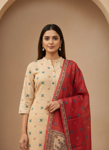 Printed Silk Blend Mandarin Collar Kurta & Trousers With Dupatta