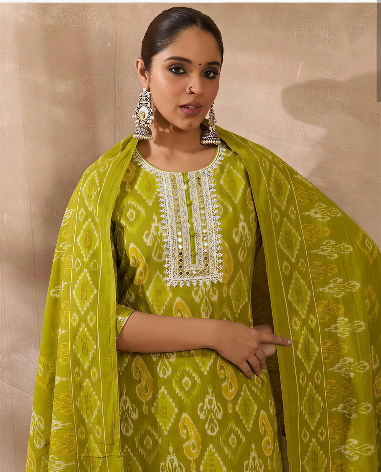 Green Embroidered A-Line Kurta Set with Round Neck, Three-Quarter Sleeves, Solid Trousers and Printed Dupatta for Women