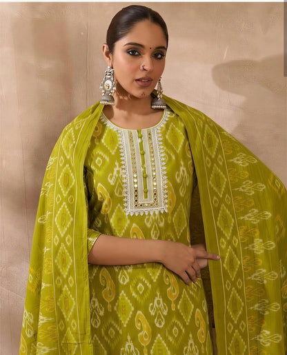 Green Embroidered A-Line Kurta Set with Round Neck, Three-Quarter Sleeves, Solid Trousers and Printed Dupatta for Women