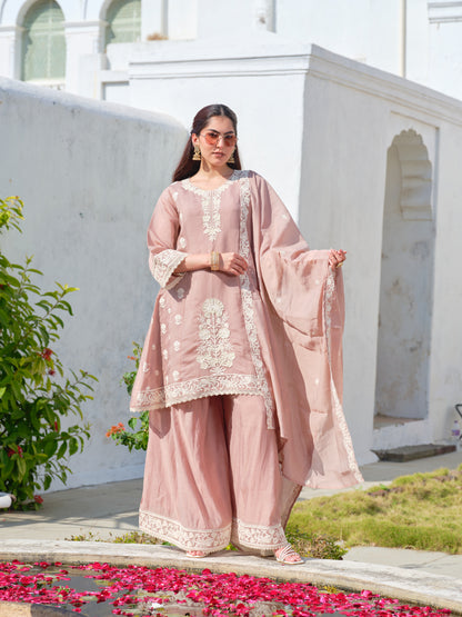 Women Peach Embroidered Mul Chanderi Kurta Sharara Set with Dupatta