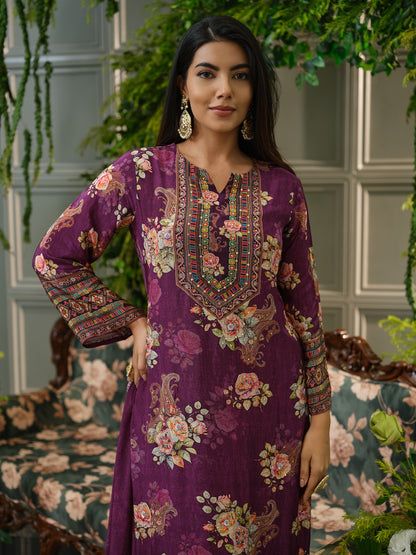 Wine & Purple Crepe Silk Floral Printed Kurta Set with Dupatta
