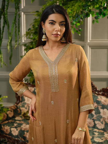 Mustard Viscose Tissue Kurta Set with Jacquard Dupatta & Hand Embroidery