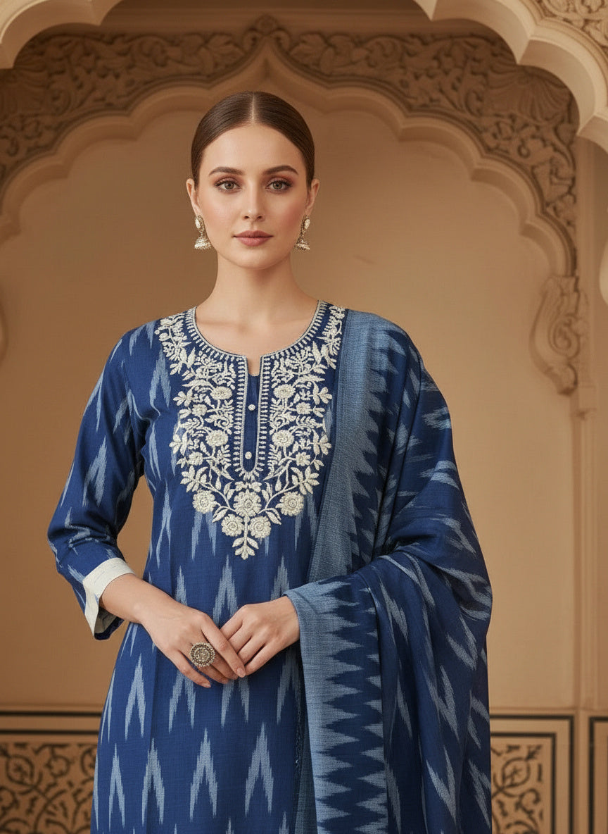 Embroidered Round Neck Straight Kurta & Trousers With Dupatta