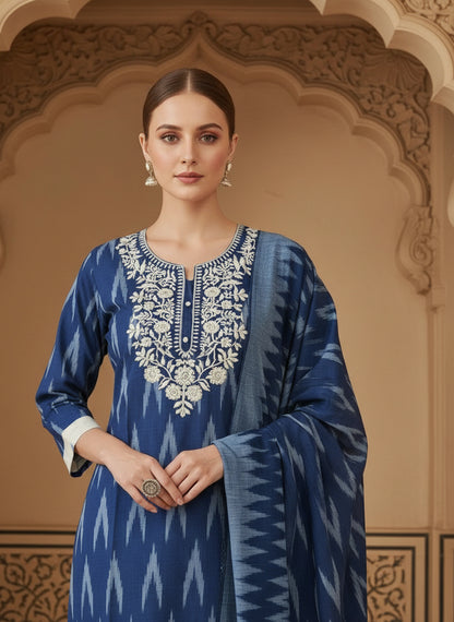 Embroidered Round Neck Straight Kurta & Trousers With Dupatta