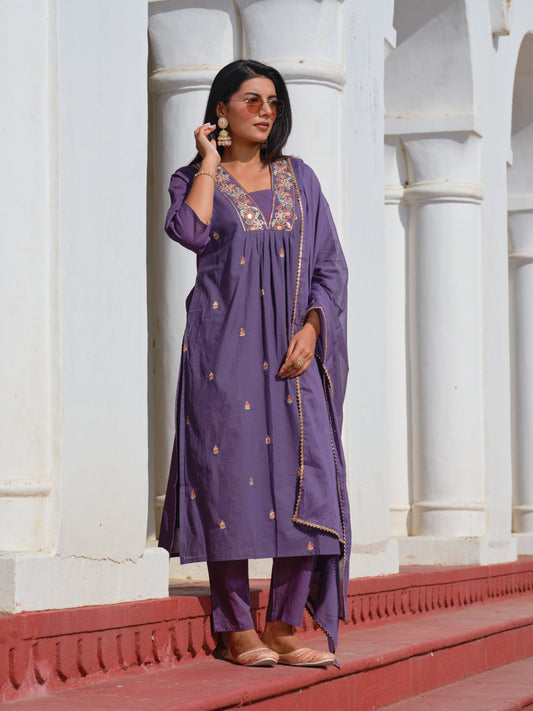 Printed V-Neck Kurta & Trousers With Dupatta