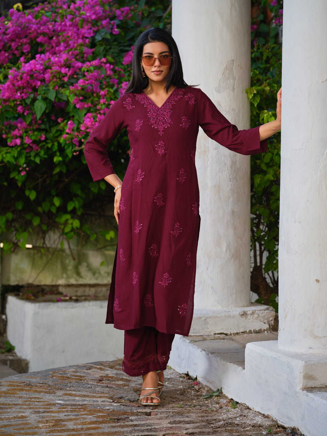 Viscose Embroidered V-Neck Kurta & Trousers Sets