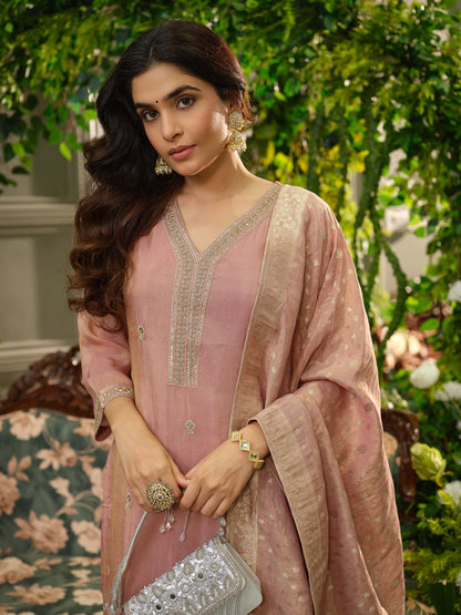 Peach Viscose Tissue Kurta Set with Jacquard Dupatta & Hand Embroidery