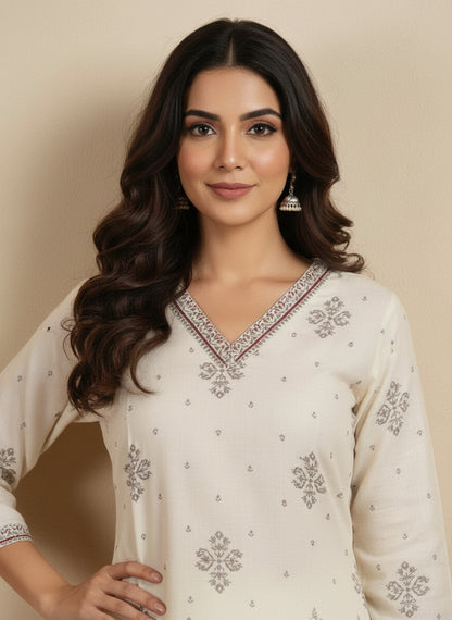 Printed Cotton V-Neck Calf Length Straight Kurta