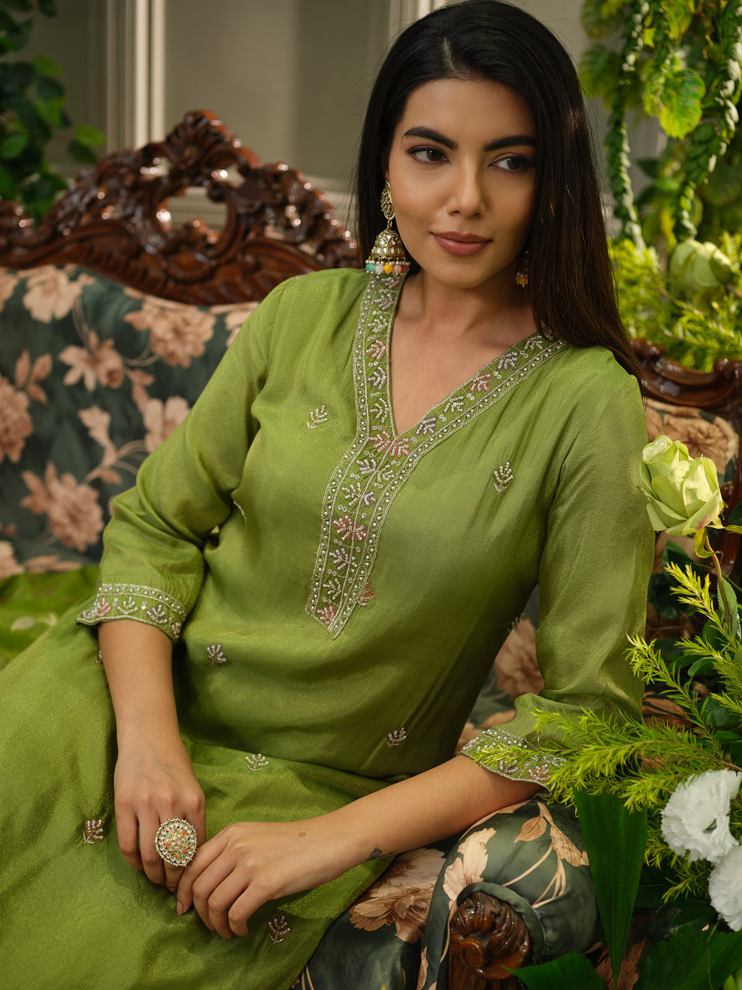 Mehndi Green Viscose Tissue Kurta Set with Jacquard Dupatta