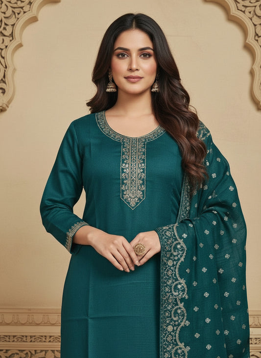 Embroidered Cotton Round Neck Straight Kurta & Trousers With Dupatta