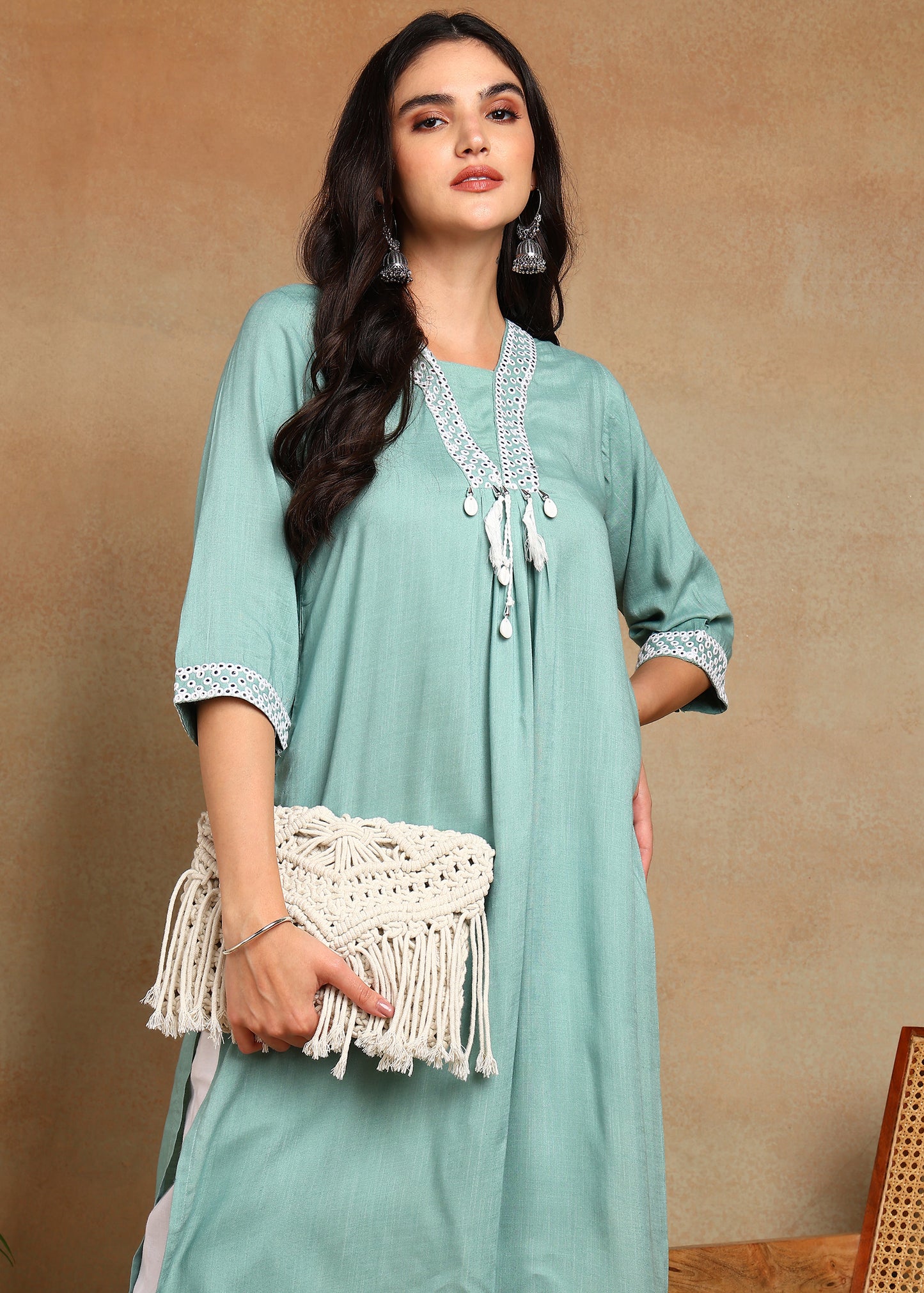 Sky-BlueRayon Slub Kurti with White Embroidered Lace Detailing
