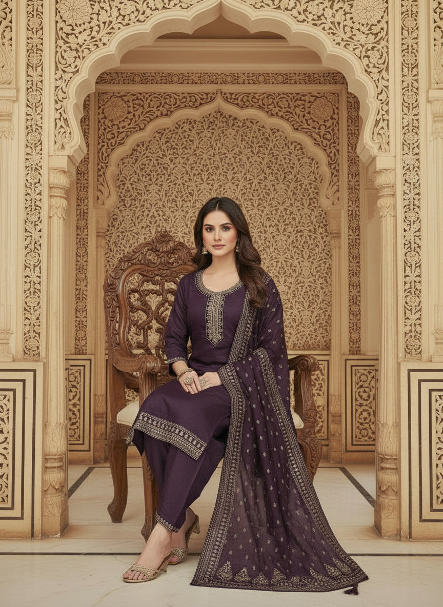Embroidered Cotton Round Neck Straight Kurta & Trousers With Dupatta