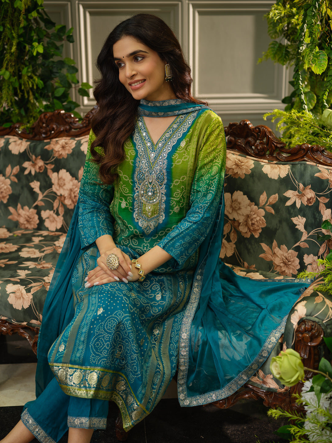 Teal Digital Print Kurta Set with Heavy Handwork