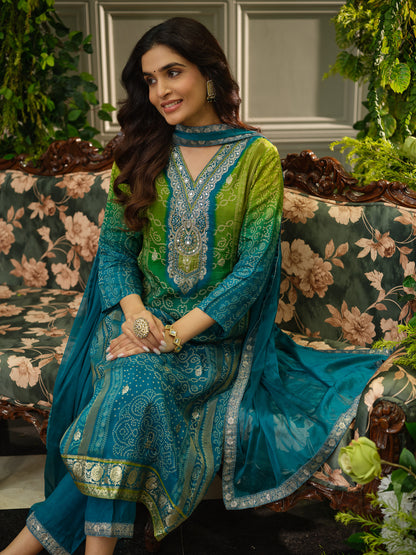 Teal Digital Print Kurta Set with Heavy Handwork