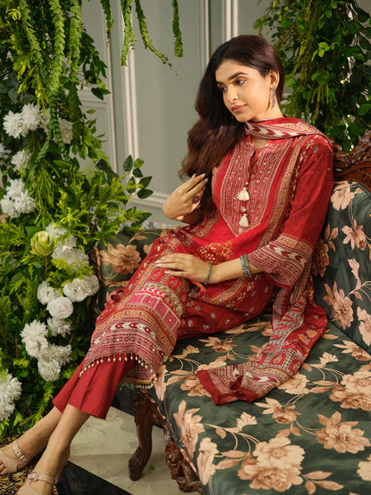 Red Digital Print Kurta Set with Heavy Handwork & Dupatta