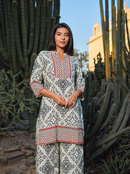 Printed Mandarin Collar Top & Palazzos Co-Ords