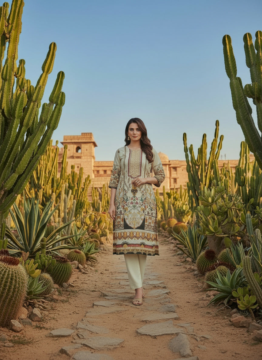 Printed Round Neck Kurta & Trousers Kurta Set