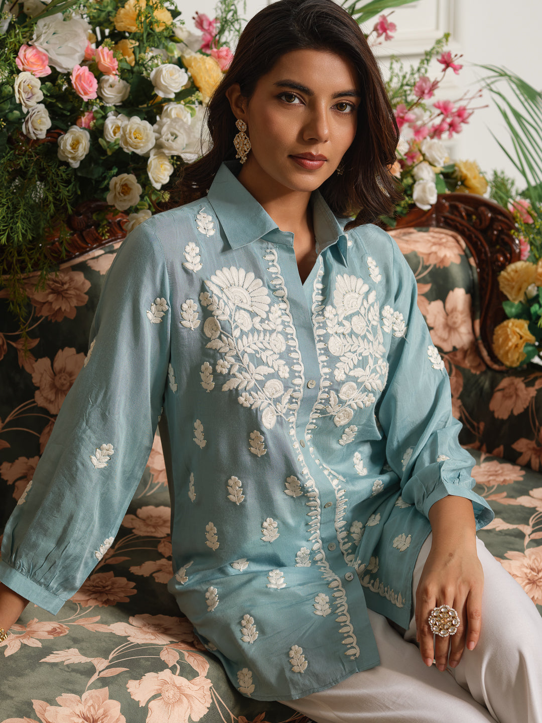 Embroidered Shirt Collar Kurta with Three-Quarter Sleeves