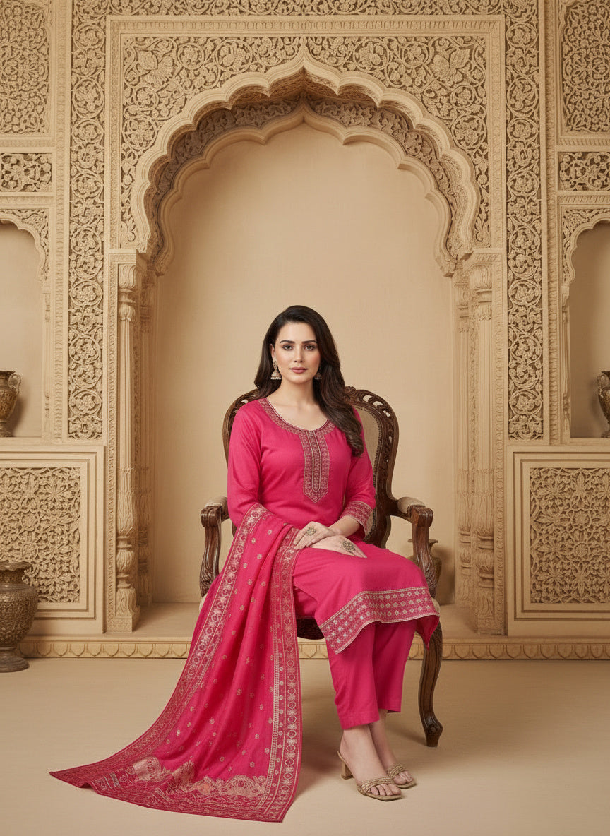 Embroidered Cotton Round Neck Straight Kurta & Trousers With Dupatta