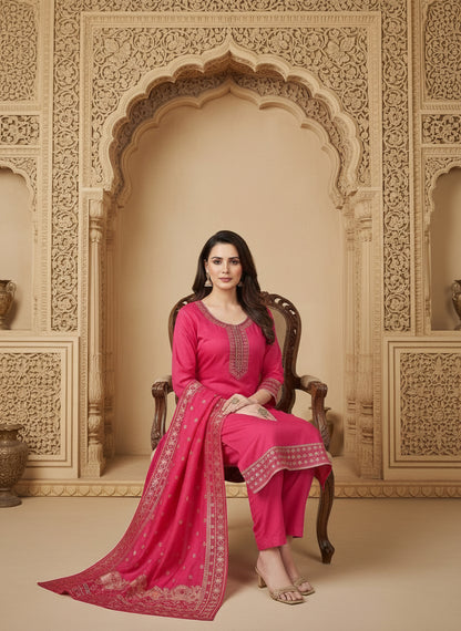 Embroidered Cotton Round Neck Straight Kurta & Trousers With Dupatta