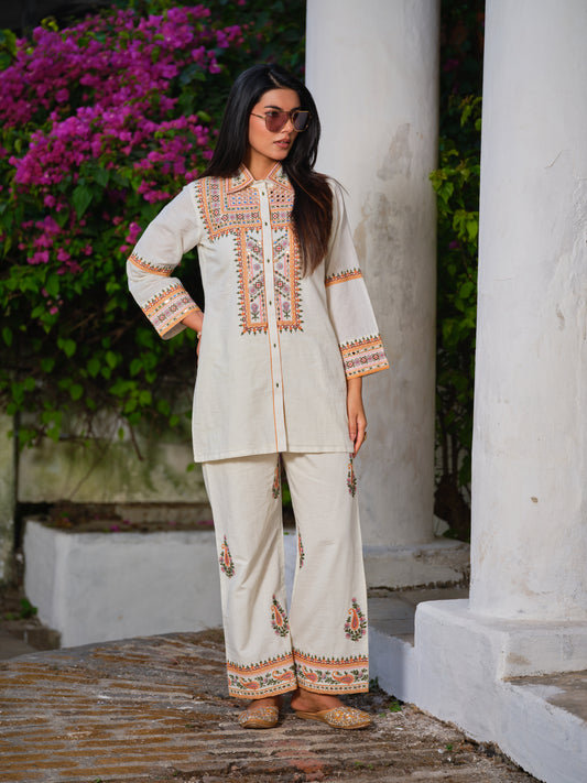 Embroidered Shirt Collar Top & Trousers Co-Ords Set