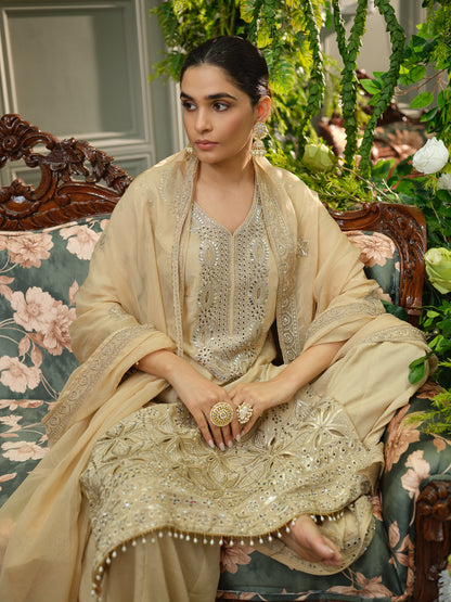 Embroidered Mirror and Cut Work Pakistani Kurta with Trouser and Dupatta Set