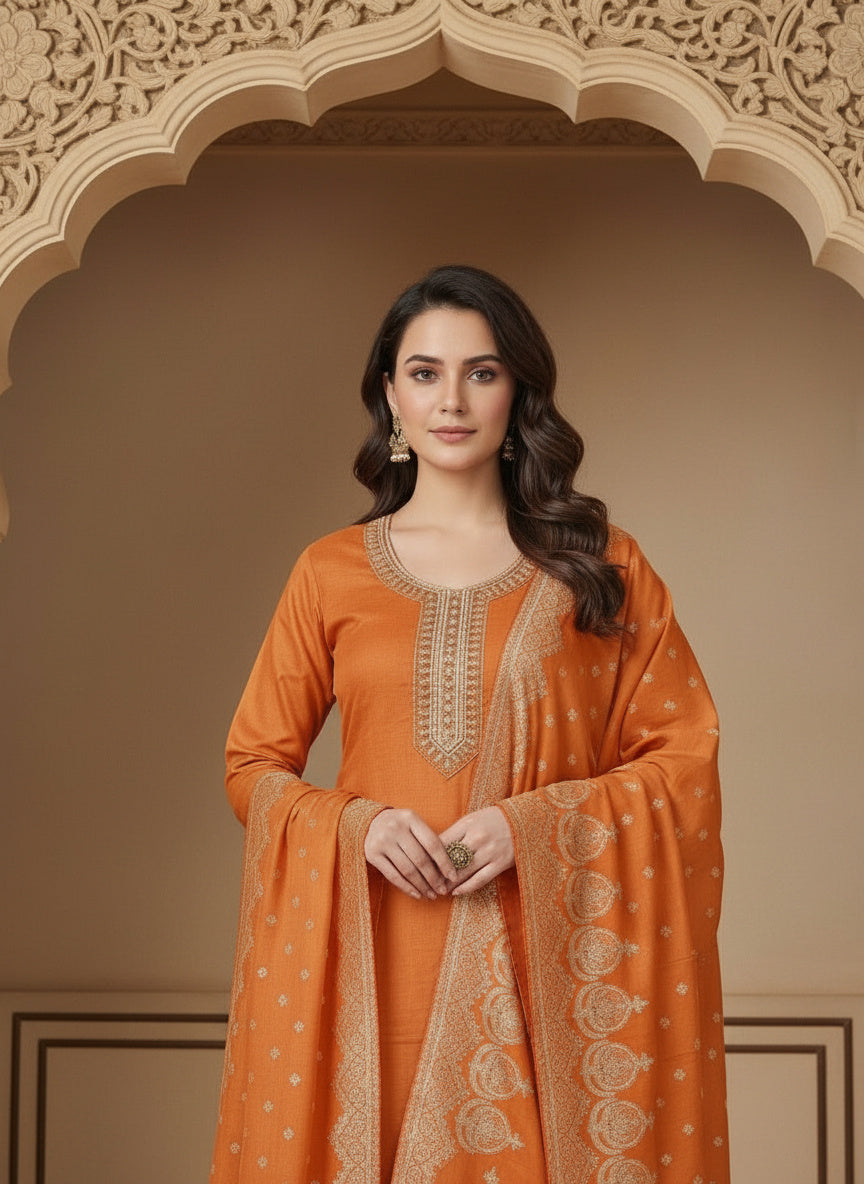 Embroidered Cotton Round Neck Straight Kurta & Trousers With Dupatta