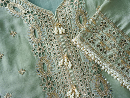 Embroidered Mirror and Cut Work Pakistani Kurta with Trouser and Dupatta Set