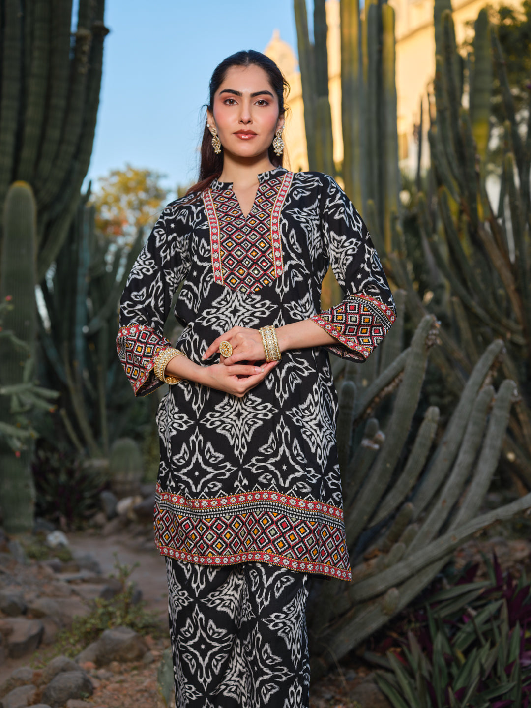 Printed Mandarin Collar Top & Palazzos Co-Ords