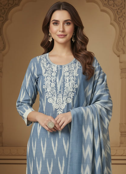 Embroidered Round Neck Straight Kurta & Trousers With Dupatta
