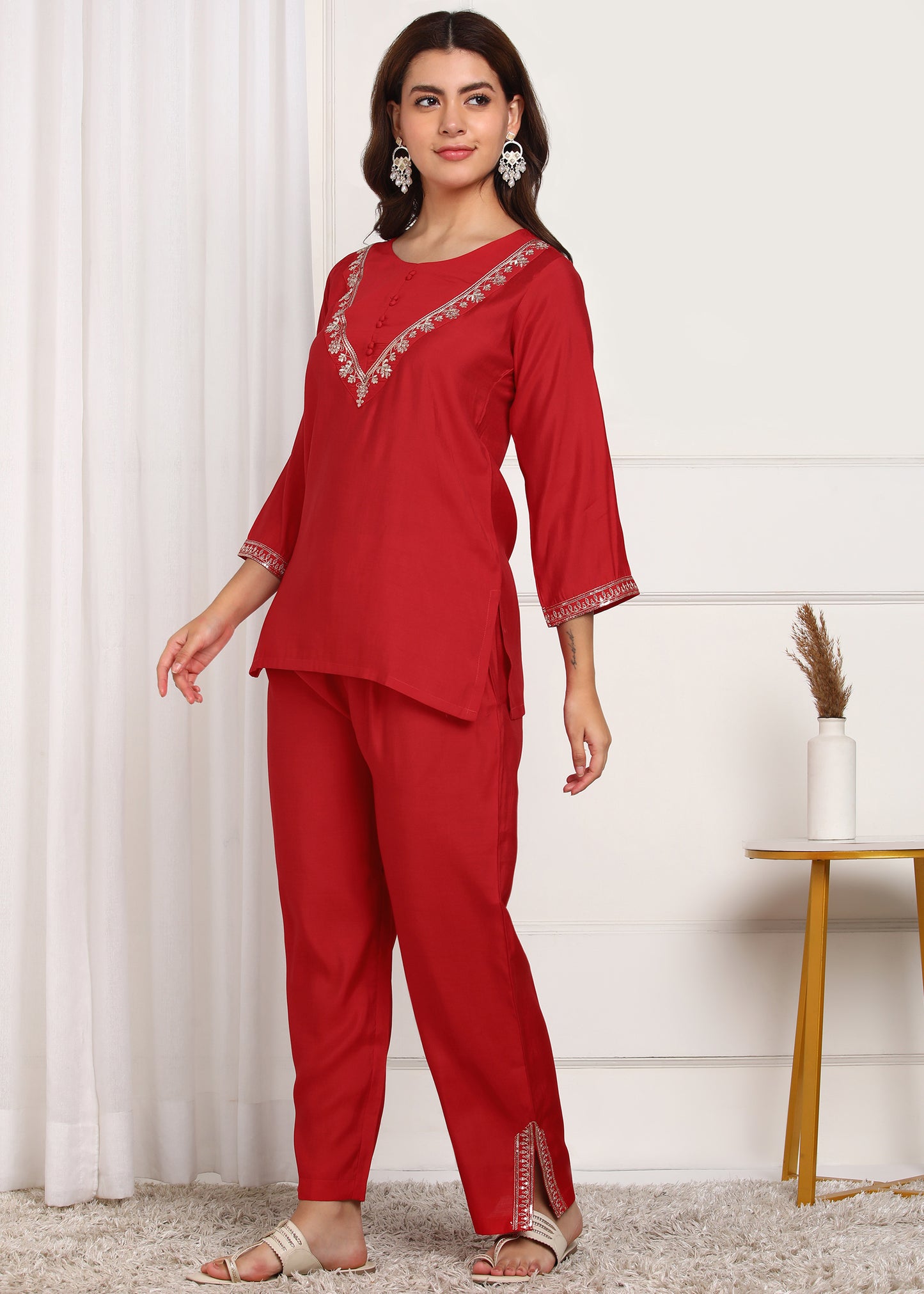 Elegant Red Embroidered Co-ord Set with Bell Sleeves