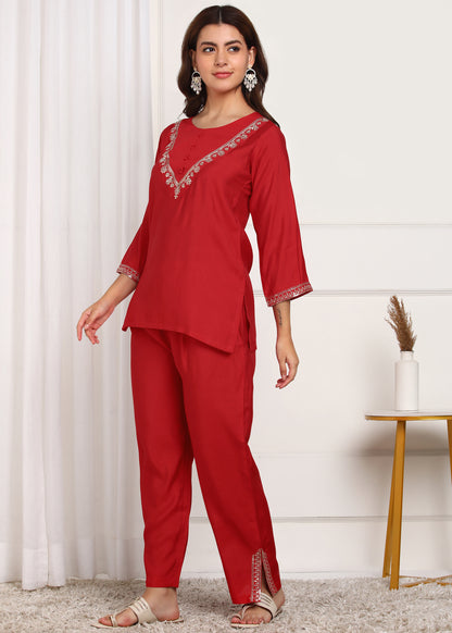 Elegant Red Embroidered Co-ord Set with Bell Sleeves