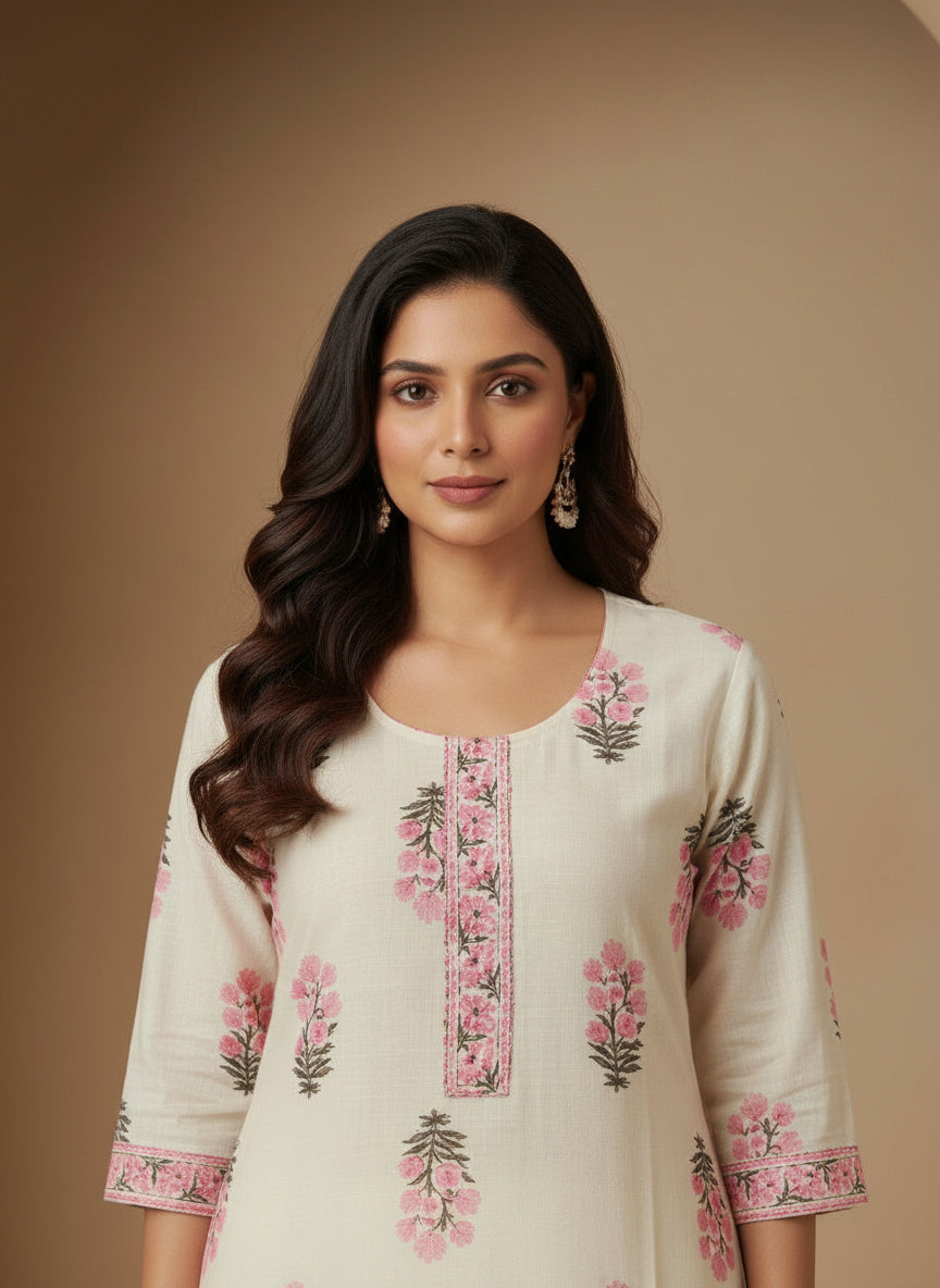 Printed Cotton V-Neck Calf Length Straight Kurta