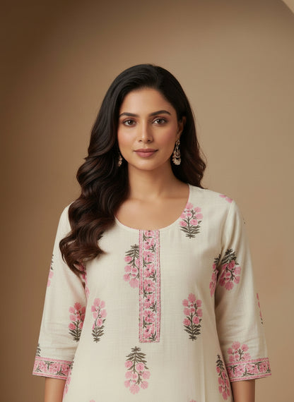 Printed Cotton V-Neck Calf Length Straight Kurta