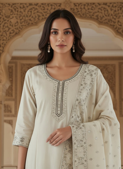 Embroidered Cotton Round Neck Straight Kurta & Trousers With Dupatta