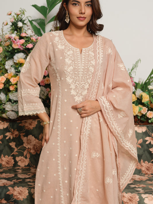 Beige & Pink Embroidered A-Line Kurta Set with Palazzos & Dupatta