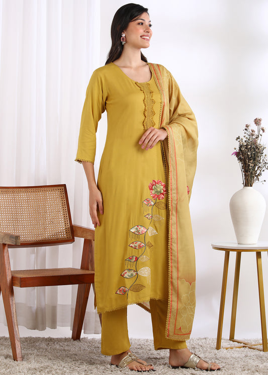 Women Mustard Rayon Embroidered Kurta Set with Printed Muslin Dupatta