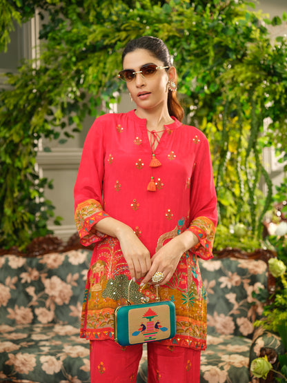 Red Digital Print Co-ord Set with Heavy Handwork