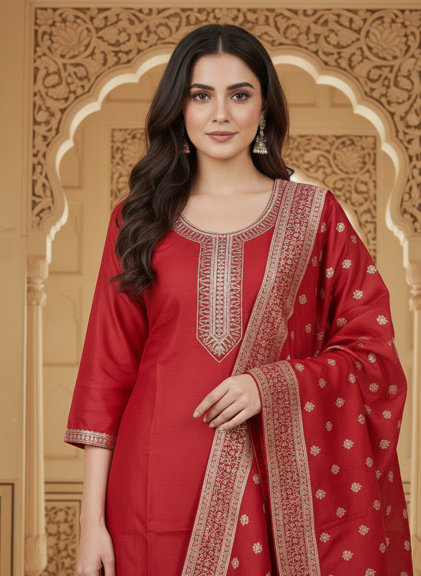 Embroidered Cotton Round Neck Straight Kurta & Trousers With Dupatta
